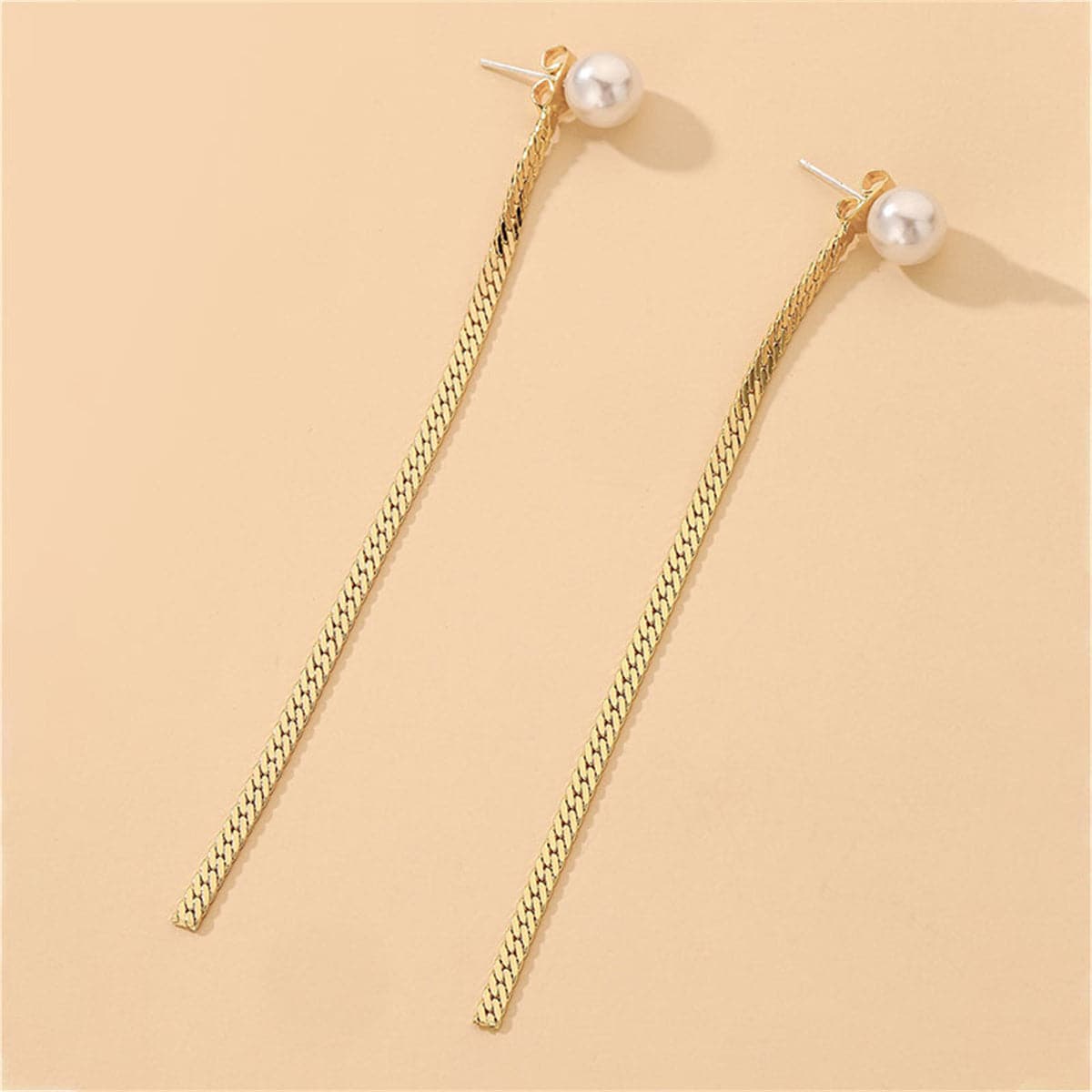 Pearl and 18K Gold-Plated Mesh Chain Ear Jackets, gold drop earrings for women, vintage-inspired design, side view