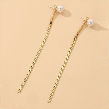Pearl and 18K Gold-Plated Mesh Chain Ear Jackets, gold drop earrings for women, vintage-inspired design, side view