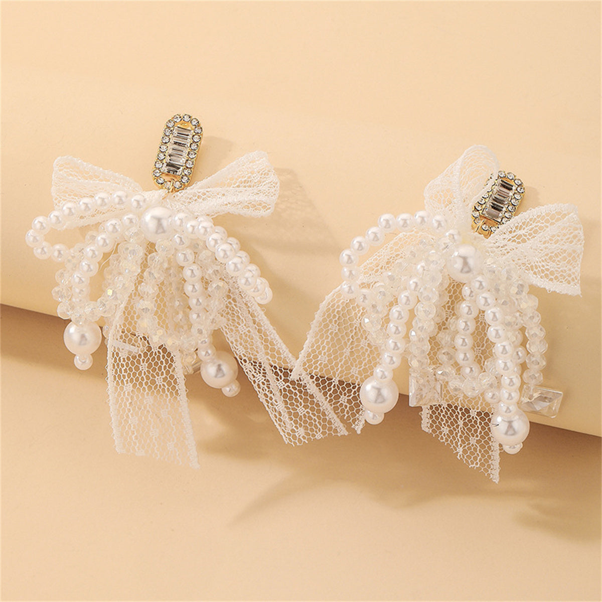 Cubic Zirconia and Crystal Pearl Silver-Plated Bow Drop Earrings, silver drop earrings for women, side view