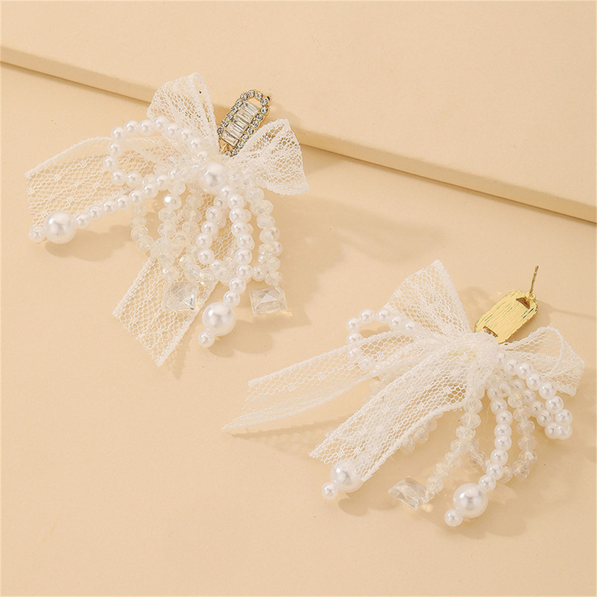 Cubic Zirconia and Crystal Pearl Silver-Plated Bow Drop Earrings, silver drop earrings for women, detail close-up