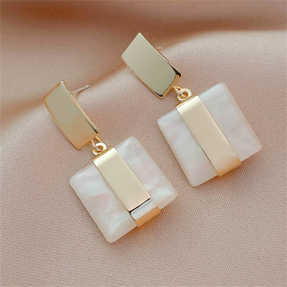 White Resin and 18K Gold-Plated Marble Geometric Drop Earrings, gold drop earrings for women, everyday style, front view