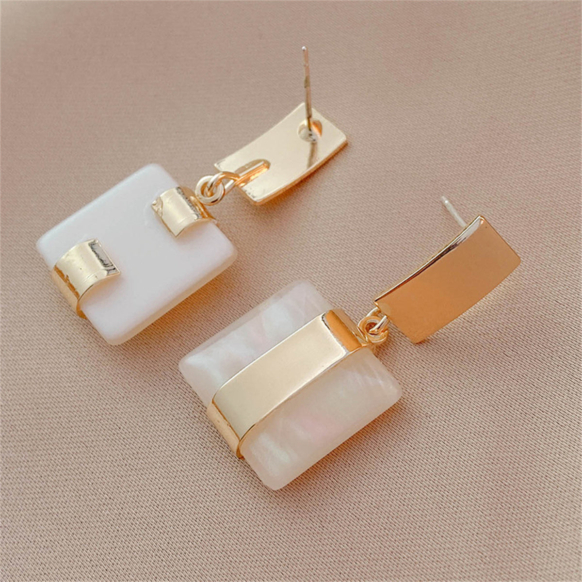 White Resin and 18K Gold-Plated Marble Geometric Drop Earrings, gold drop earrings for women, everyday style, side view