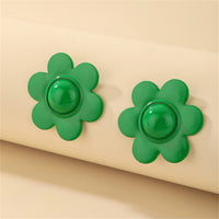 Green Enamel & Silver-Plated Flower Stud Earrings