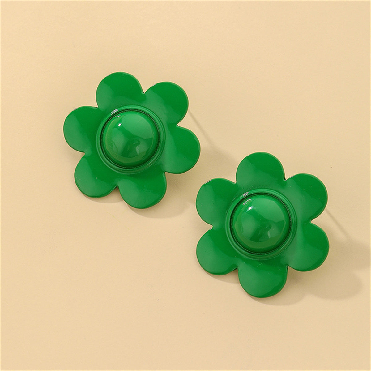 Green Enamel & Silver-Plated Flower Stud Earrings