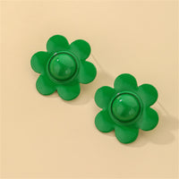 Green Enamel & Silver-Plated Flower Stud Earrings