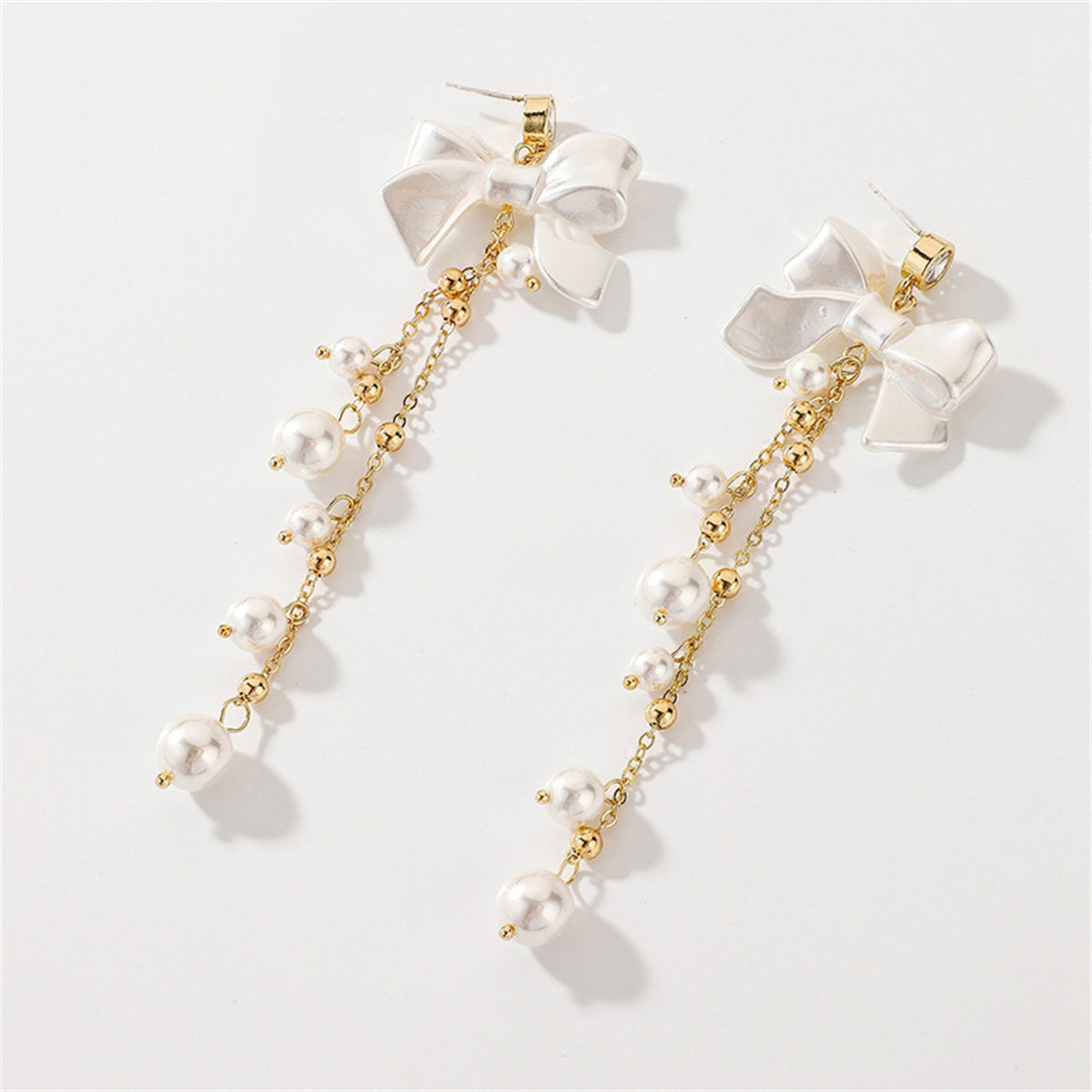 Pearl & Acrylic Cubic Zirconia 18K Gold-Plated Bow Tassel Drop Earrings