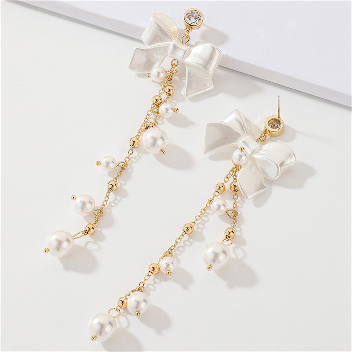 Pearl & Acrylic Cubic Zirconia 18K Gold-Plated Bow Tassel Drop Earrings