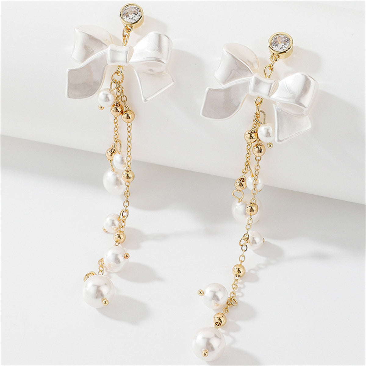 Pearl & Acrylic Cubic Zirconia 18K Gold-Plated Bow Tassel Drop Earrings