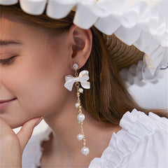 Pearl & Acrylic Cubic Zirconia 18K Gold-Plated Bow Tassel Drop Earrings