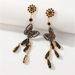 Black Cubic Zirconia & Black Crystal Butterfly Tassel Drop Earrings