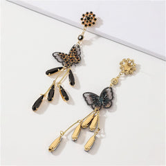 Black Cubic Zirconia & Black Crystal Butterfly Tassel Drop Earrings