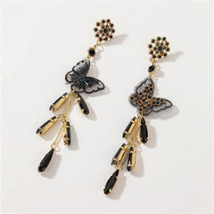 Black Cubic Zirconia & Black Crystal Butterfly Tassel Drop Earrings