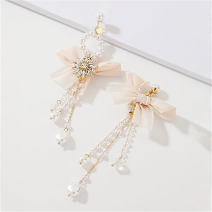 Pearl and Crystal Pearl 18K Gold-Plated Bow Flower Tassel Drop Earrings, gold drop earrings for women, side view