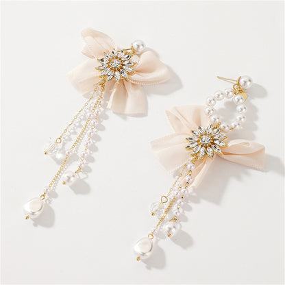 Pearl and Crystal Pearl 18K Gold-Plated Bow Flower Tassel Drop Earrings, gold drop earrings for women, lifestyle look