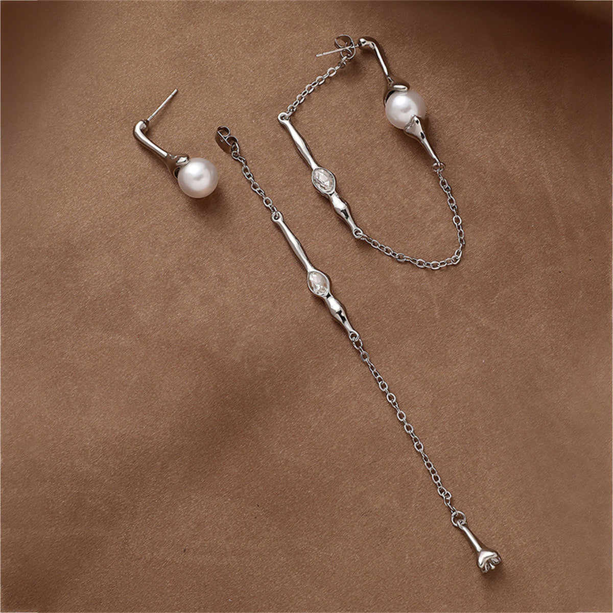 Pearl & Crystal Silver-Plated Mismatched Ear Jackets
