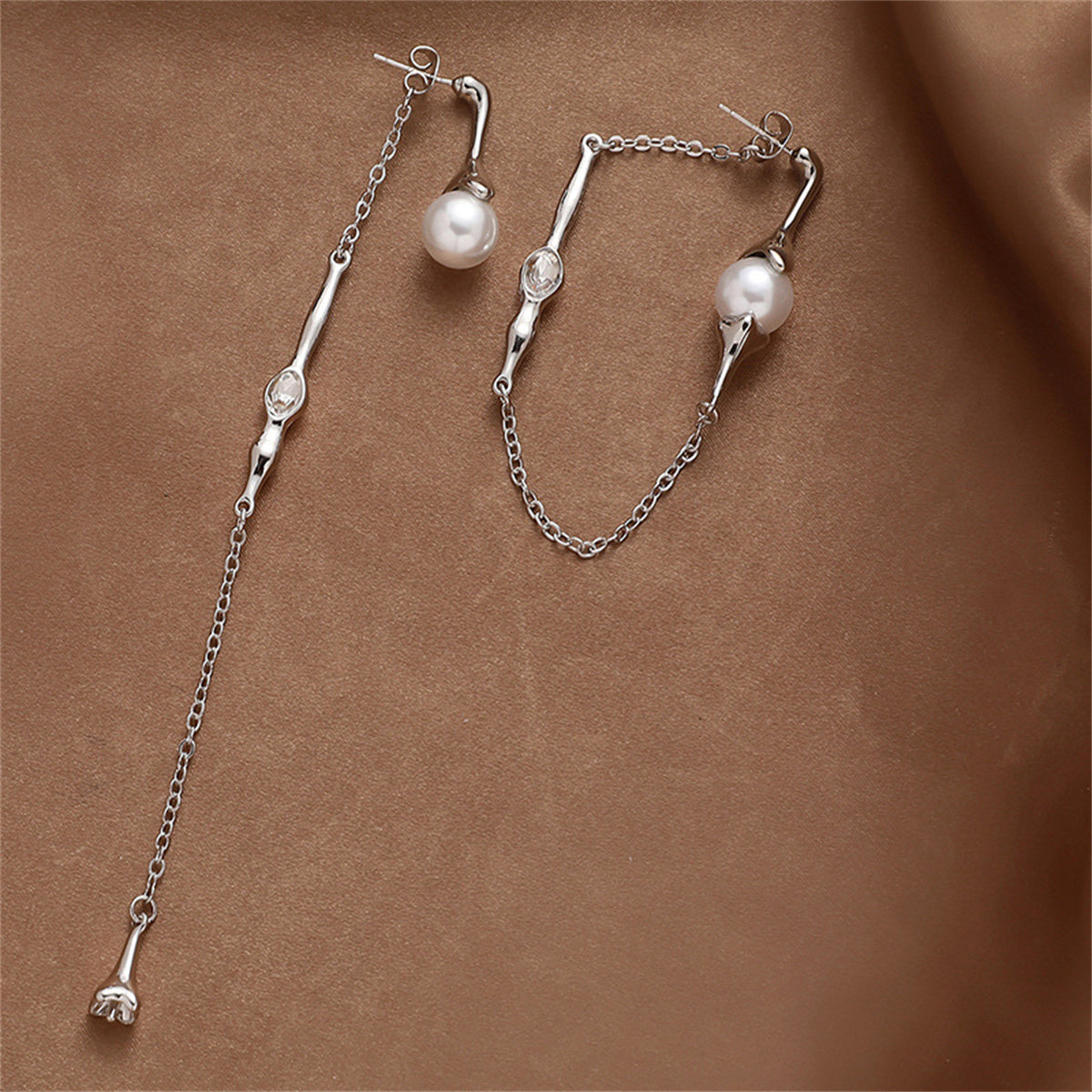 Pearl & Crystal Silver-Plated Mismatched Ear Jackets