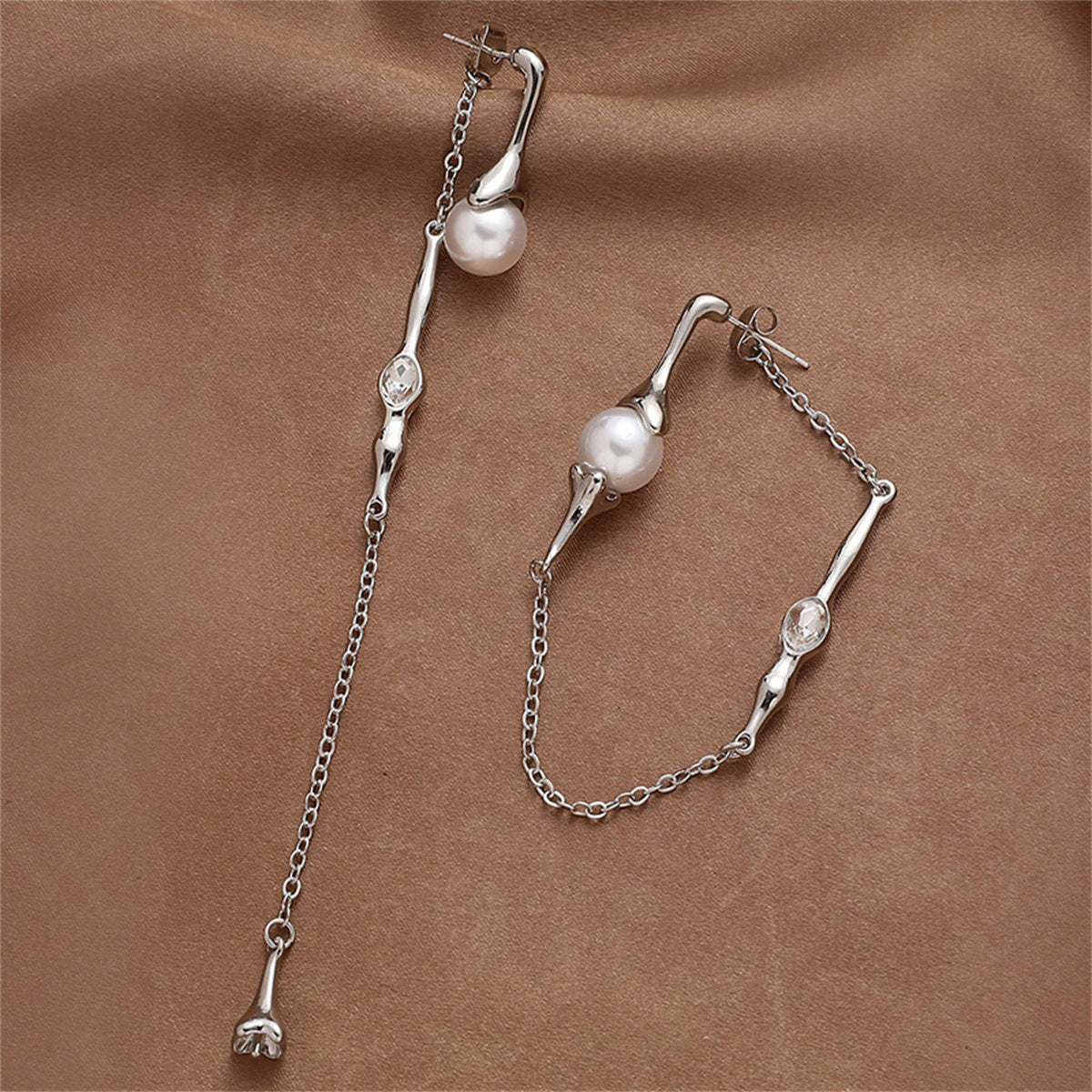 Pearl & Crystal Silver-Plated Mismatched Ear Jackets
