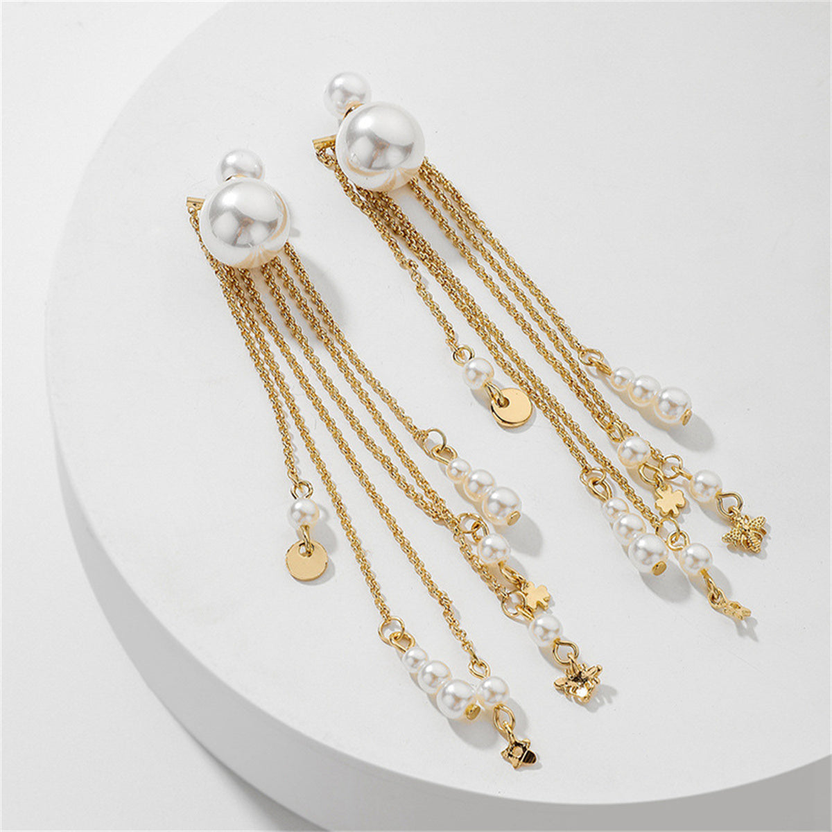 White Pearl and 18K Gold-Plated Tassel Ear Jackets, gold drop earrings for women, botanical inspired, side view