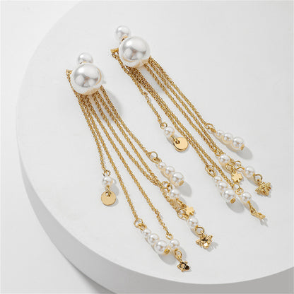 White Pearl and 18K Gold-Plated Tassel Ear Jackets, gold drop earrings for women, botanical inspired, side view