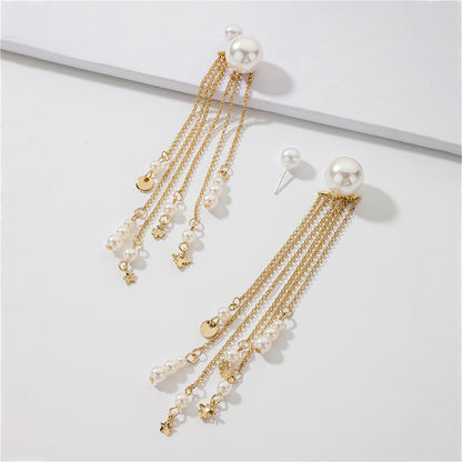 White Pearl and 18K Gold-Plated Tassel Ear Jackets, gold drop earrings for women, botanical inspired, lifestyle look