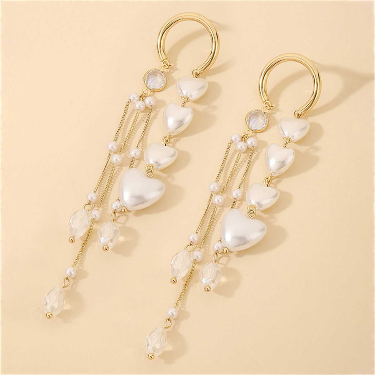 Cubic Zirconia and Pearl 18K Gold-Plated Heart Tassel Threader Earrings, gold drop earrings for women, side view