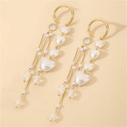 Cubic Zirconia and Pearl 18K Gold-Plated Heart Tassel Threader Earrings, gold drop earrings for women, side view