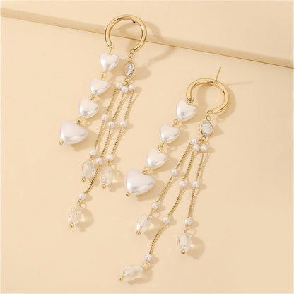 Cubic Zirconia and Pearl 18K Gold-Plated Heart Tassel Threader Earrings, gold drop earrings for women, lifestyle look