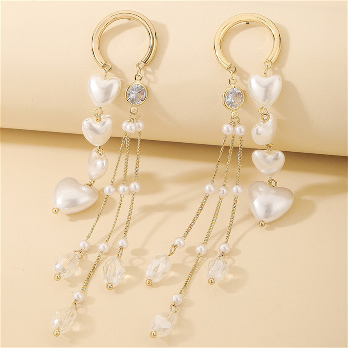 Cubic Zirconia and Pearl 18K Gold-Plated Heart Tassel Threader Earrings, gold drop earrings for women, detail close-up