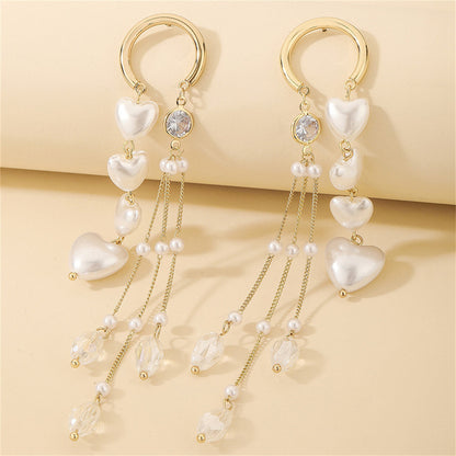 Cubic Zirconia and Pearl 18K Gold-Plated Heart Tassel Threader Earrings, gold drop earrings for women, detail close-up