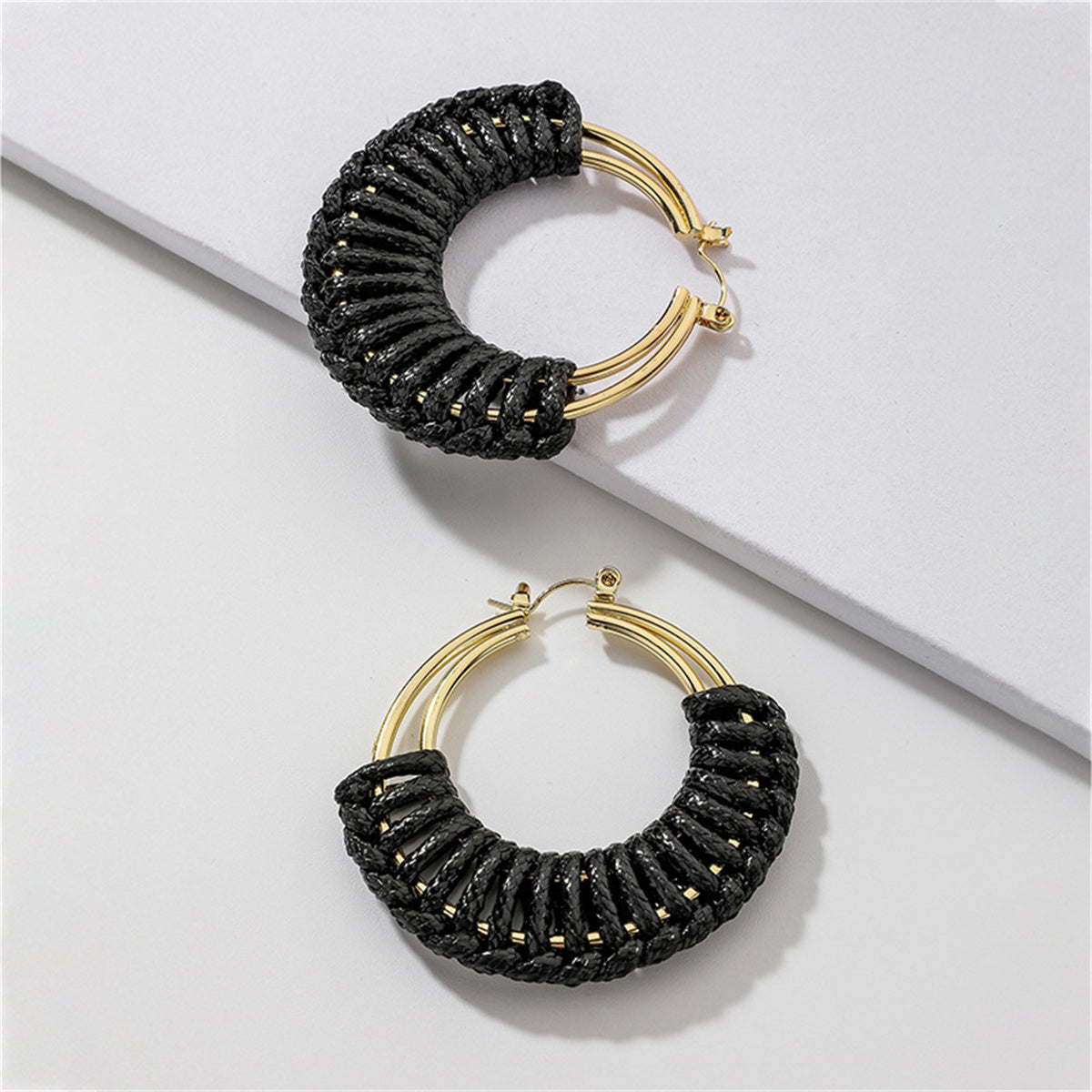 Black Polystyrene & 18K Gold-Plated Weave Circle Hoop Earrings