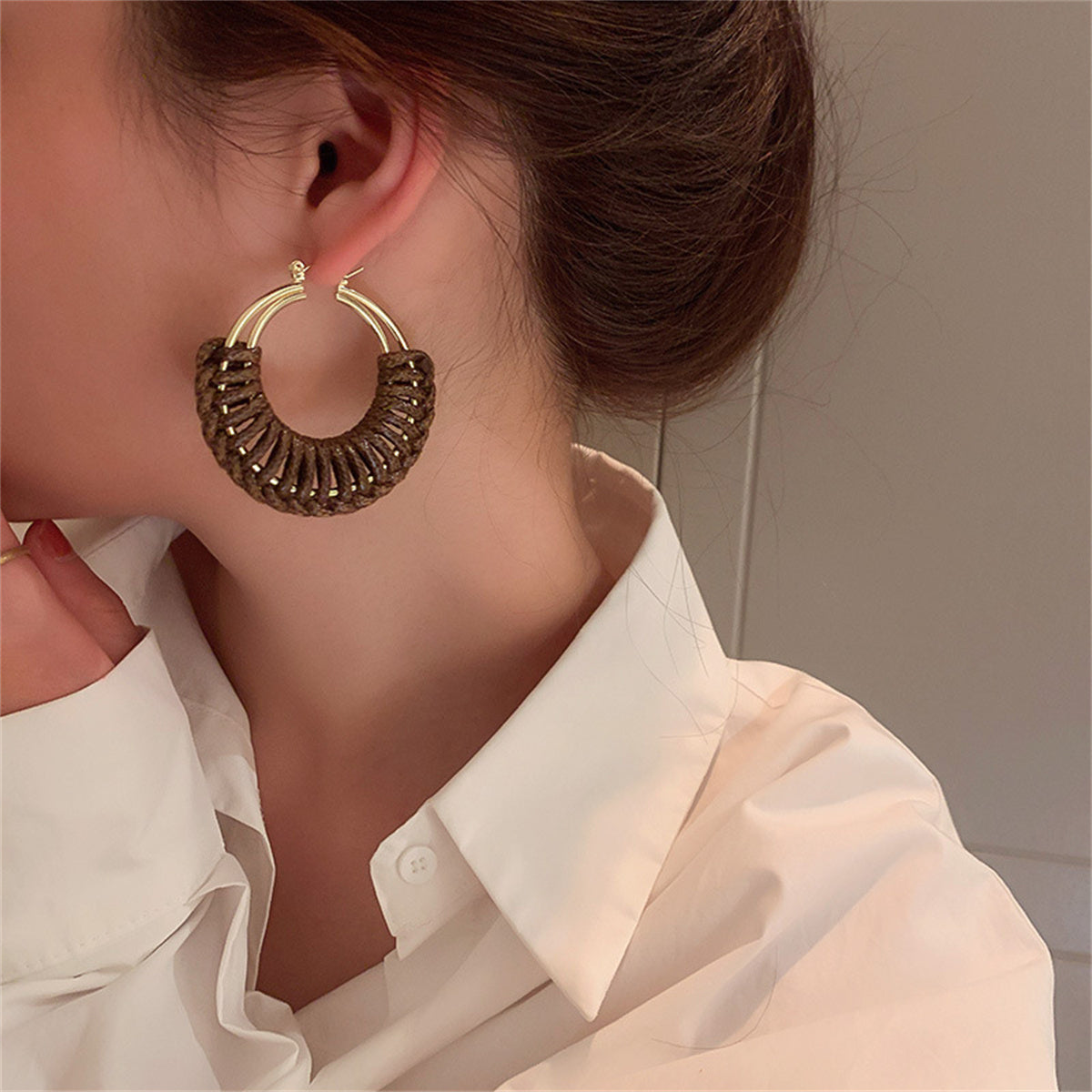 Coffee Polystyrene & 18K Gold-Plated Weave Circle Hoop Earrings
