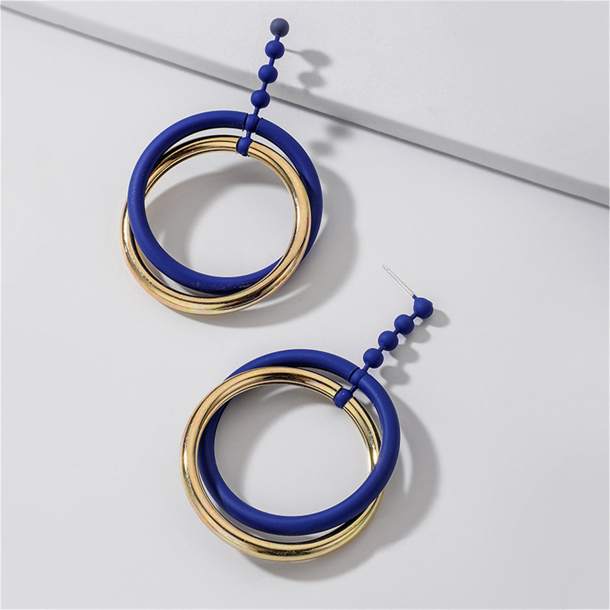 Blue Enamel and 18K Gold-Plated Bead Interlocked Dangle Earring, gold drop earrings for women, everyday style, lifestyle look