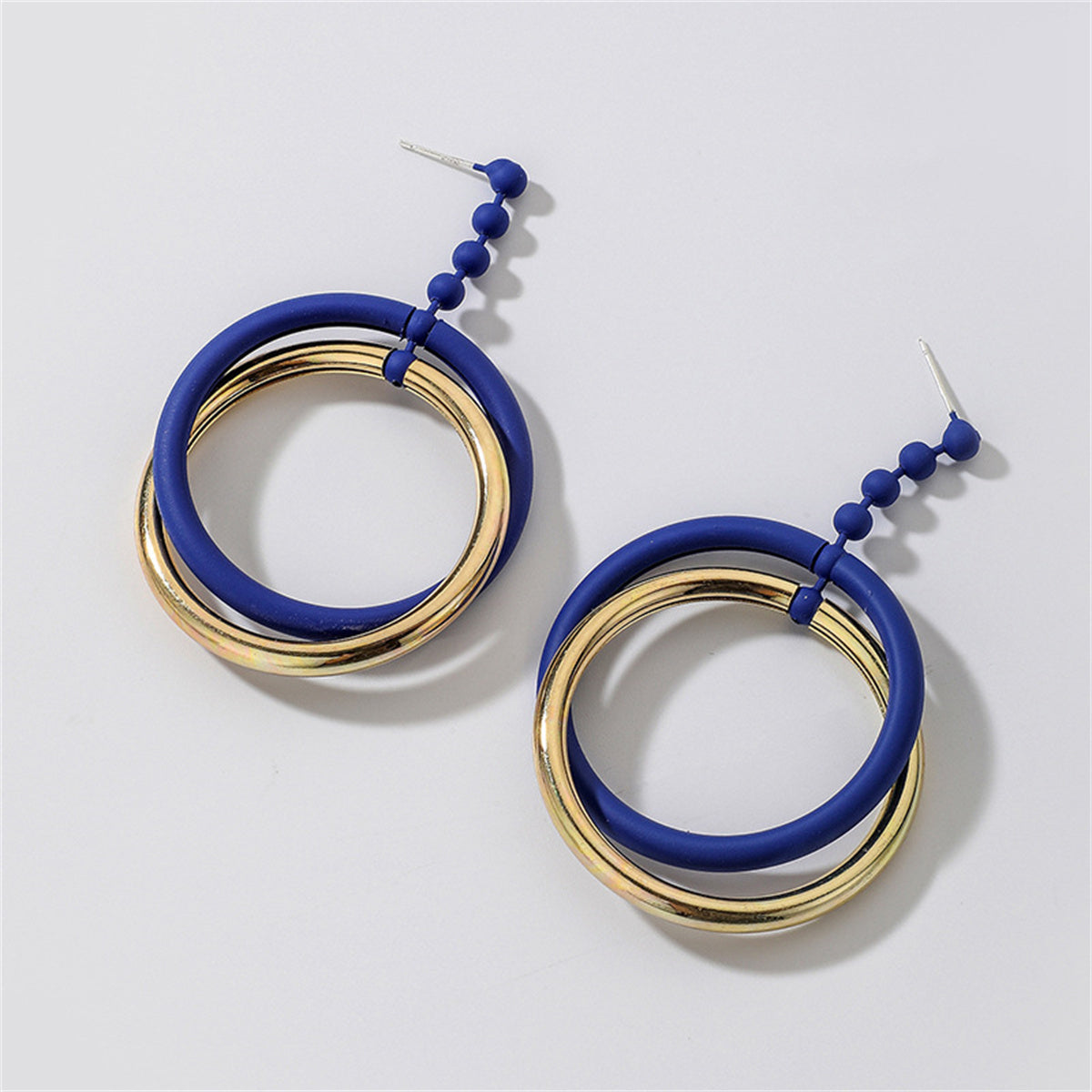 Blue Enamel and 18K Gold-Plated Bead Interlocked Dangle Earring, gold drop earrings for women, detail close-up