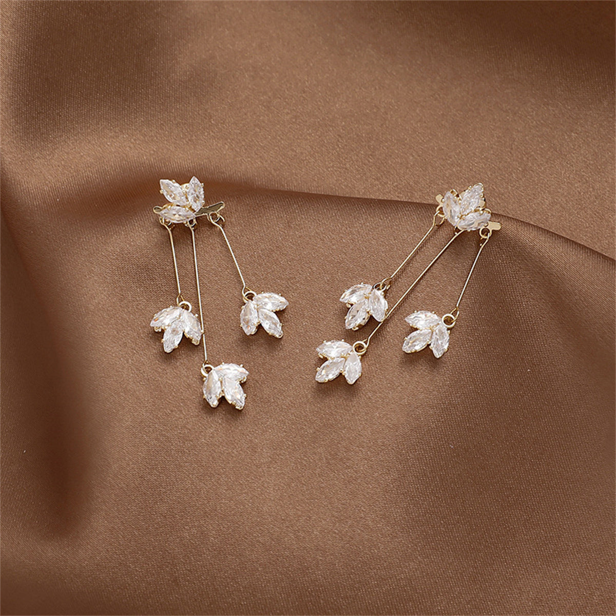 Crystal and 18K Gold-Plated Floral Drop Earrings, gold drop earrings for women, dainty minimalist design, side view