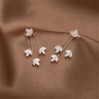 Crystal and 18K Gold-Plated Floral Drop Earrings, gold drop earrings for women, dainty minimalist design, side view