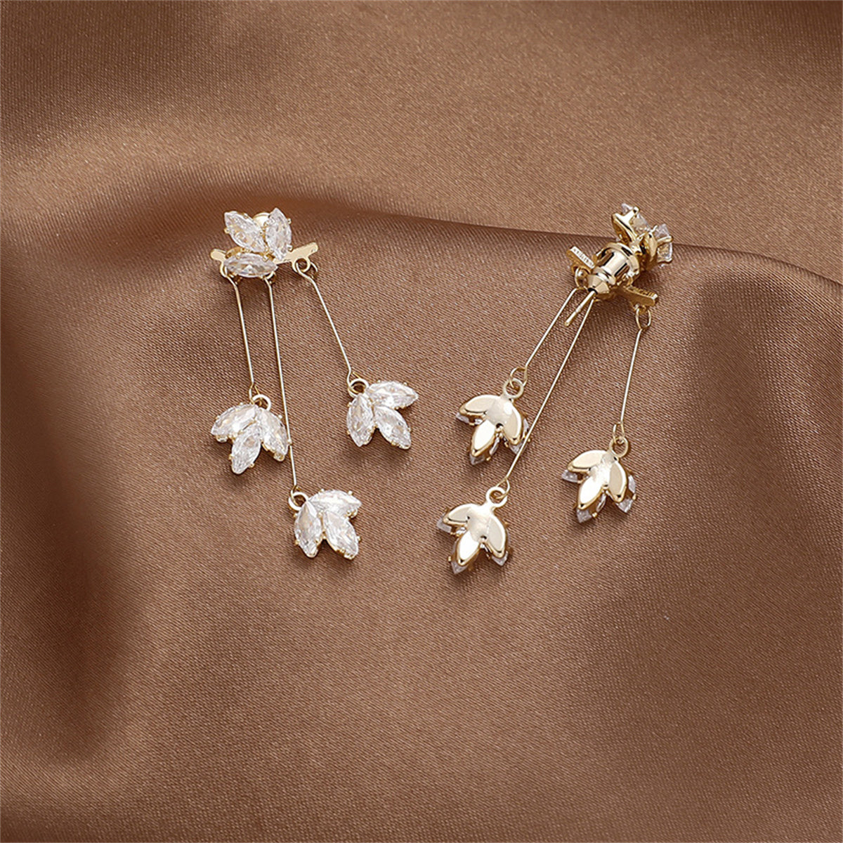 Crystal and 18K Gold-Plated Floral Drop Earrings, gold drop earrings for women, dainty minimalist design, detail close-up