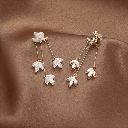 Crystal and 18K Gold-Plated Floral Drop Earrings, gold drop earrings for women, dainty minimalist design, detail close-up