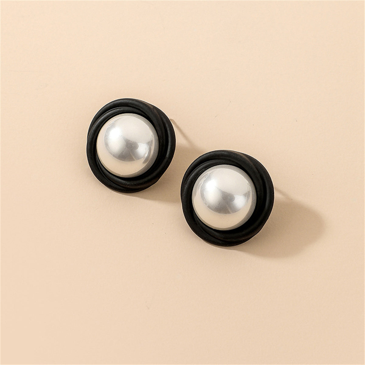 Pearl & Black Acrylic Round Stud Earrings
