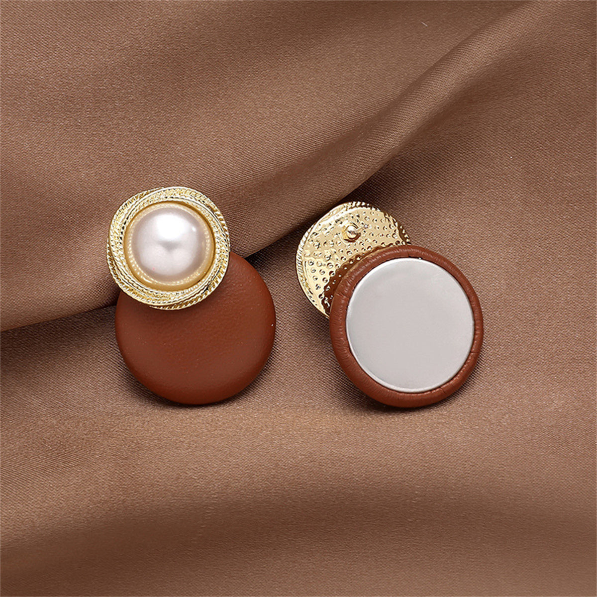 Brown Polystyrene & Pearl Circle Dangle Earrings