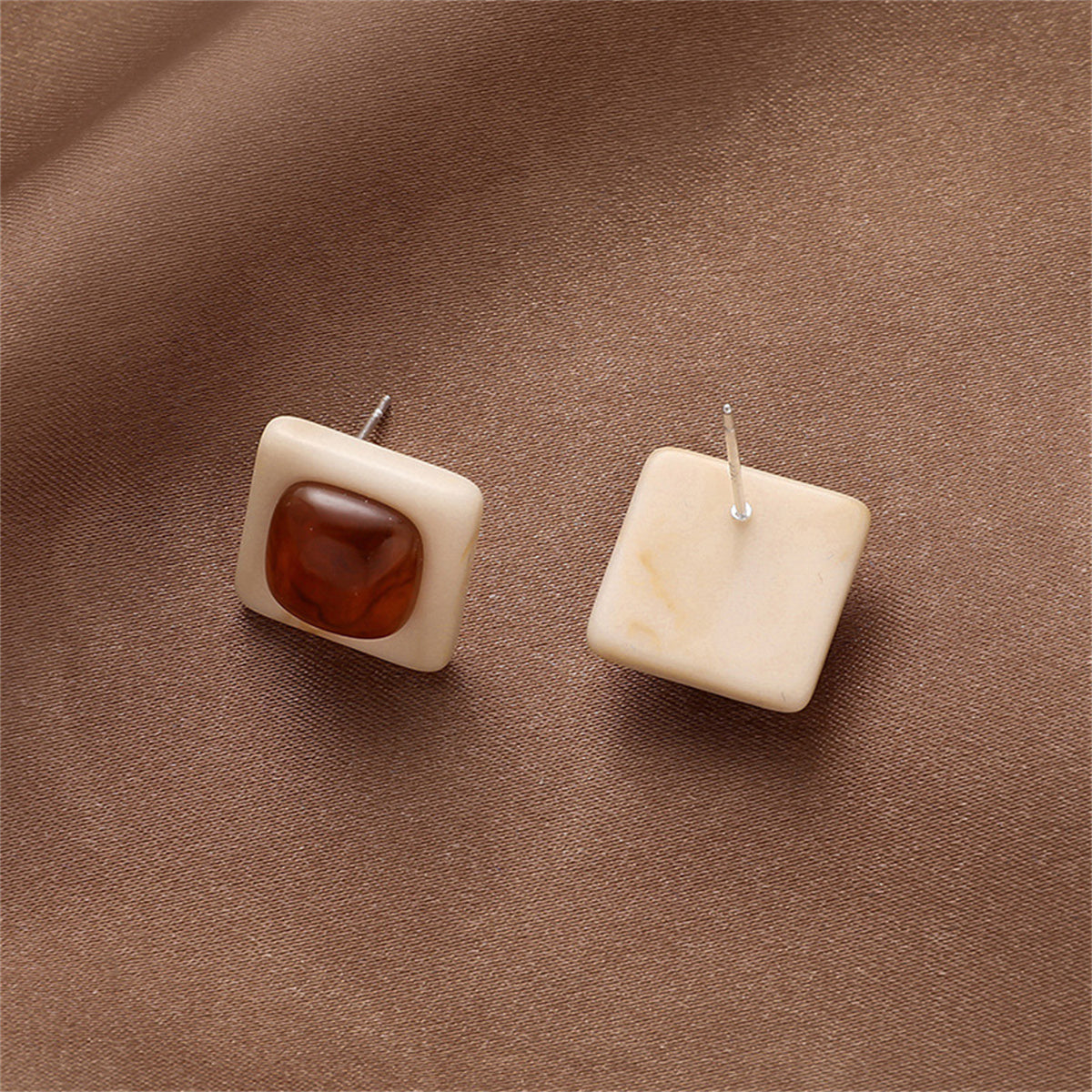 Brown and Silver-Plated Square Stud Earrings, silver stud earrings for women, everyday style, detail close-up