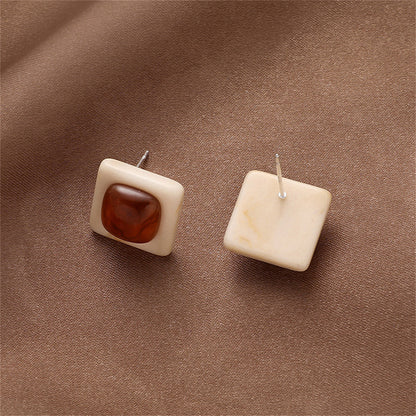 Brown and Silver-Plated Square Stud Earrings, silver stud earrings for women, everyday style, detail close-up