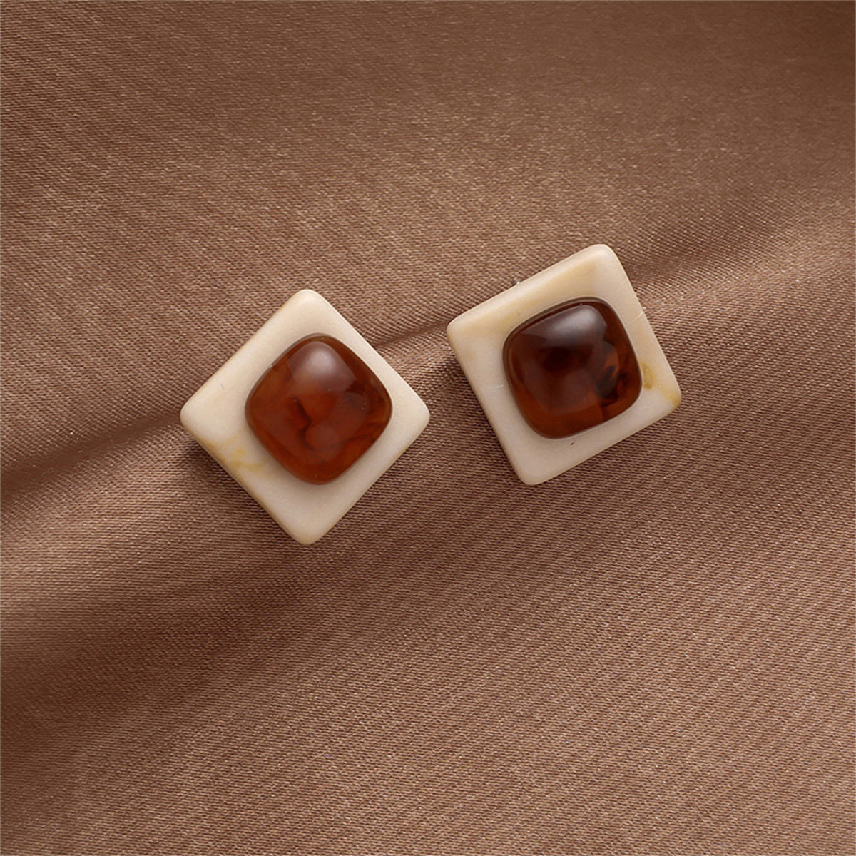Brown and Silver-Plated Square Stud Earrings, silver stud earrings for women, everyday style, front view