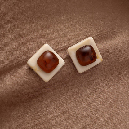 Brown and Silver-Plated Square Stud Earrings, silver stud earrings for women, everyday style, front view
