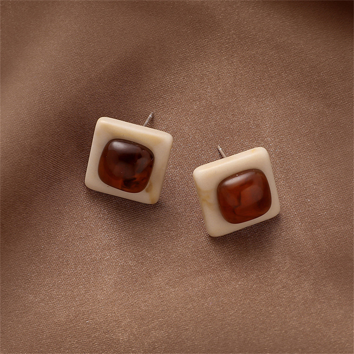 Brown and Silver-Plated Square Stud Earrings, silver stud earrings for women, everyday style, side view