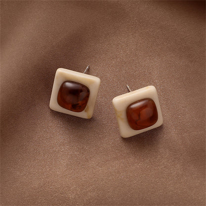 Brown and Silver-Plated Square Stud Earrings, silver stud earrings for women, everyday style, side view