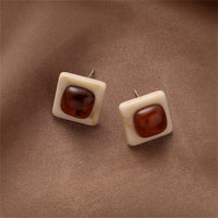 Brown & Silver-Plated Square Stud Earrings