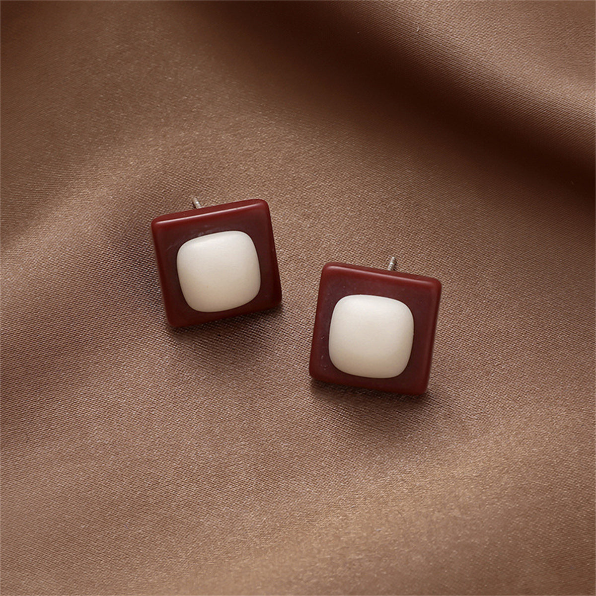 White and Red Resin Square Stud Earrings, stud earrings for women, dainty minimalist design, side view