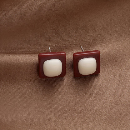 White and Red Resin Square Stud Earrings, stud earrings for women, dainty minimalist design, detail close-up