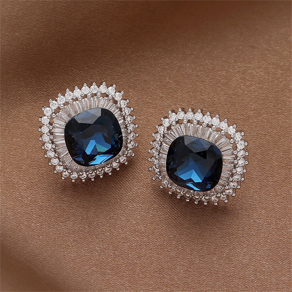 Blue Crystal and Cubic Zirconia Square Hola Stud Earrings, stud earrings for women, everyday style, front view