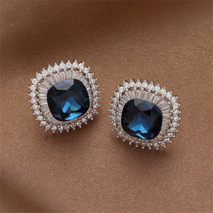 Blue Crystal and Cubic Zirconia Square Hola Stud Earrings, stud earrings for women, everyday style, front view